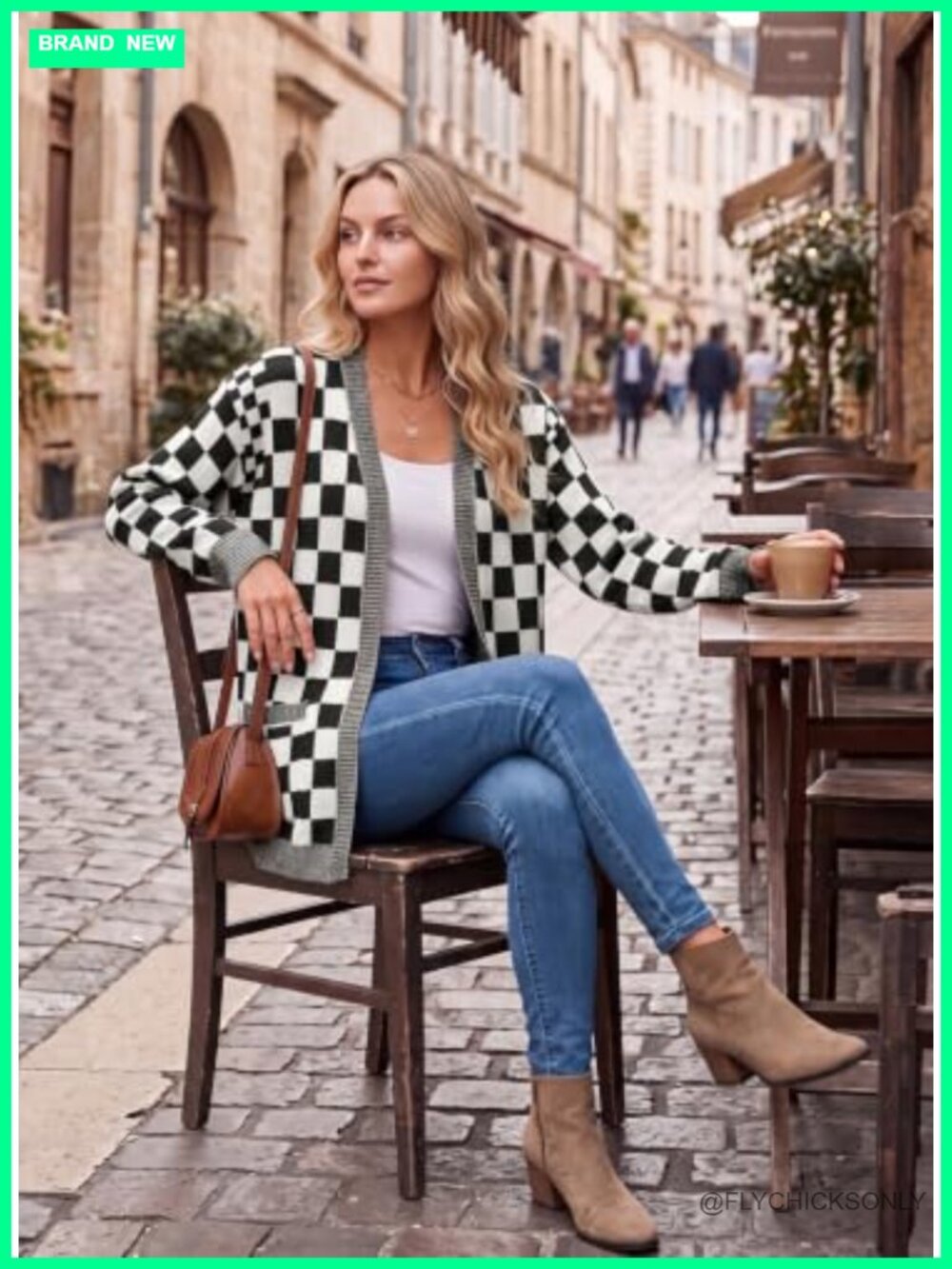 Open Front Checkered Cardigan Chunky Knit Women's Fall Sweater - Picture 4 of 6
